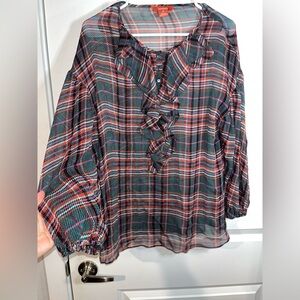 Sundance Dark Green Red Plaid Lightweight 100% Silk Ruffled Blouse Size Medium